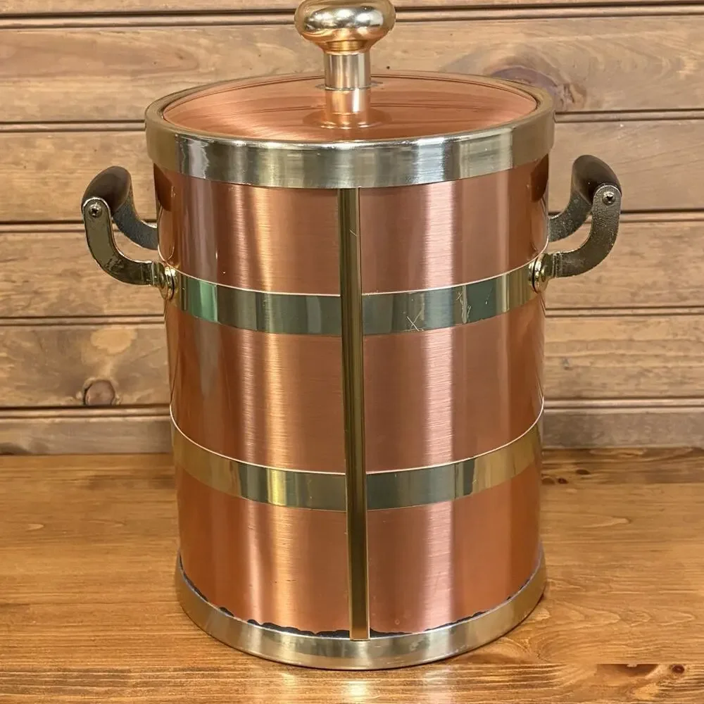 Vintage Kraftware NYC Copper And Brass Ice Bucket MCM Barware Handles Lid Insert